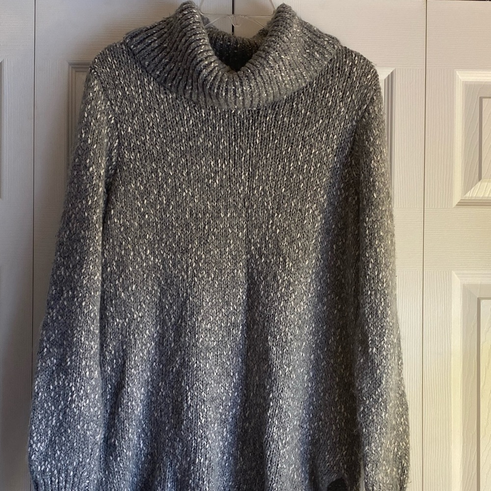 Women's H & M Cowl Neck Sweater Tunic Length Pullover Gray White Size Large